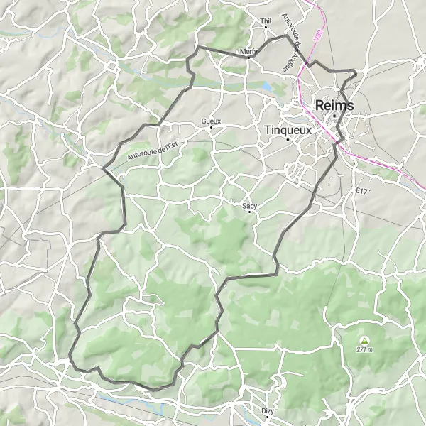 Map miniature of "Reims Adventure" cycling inspiration in Champagne-Ardenne, France. Generated by Tarmacs.app cycling route planner