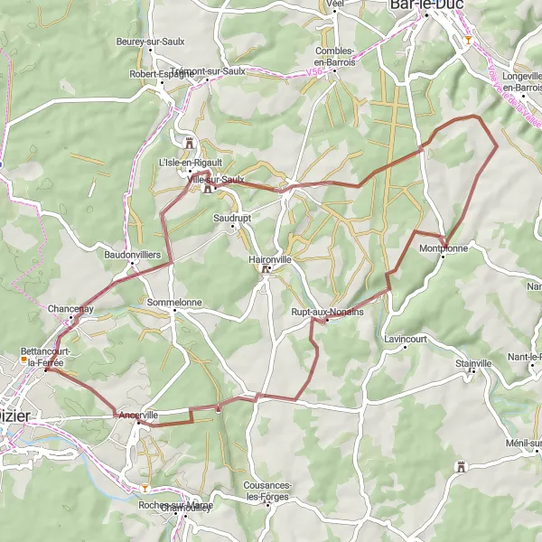 Map miniature of "Gravel Excursion: A Journey Through Chancenay, Brillon-en-Barrois, and Bettancourt-la-Ferrée" cycling inspiration in Champagne-Ardenne, France. Generated by Tarmacs.app cycling route planner