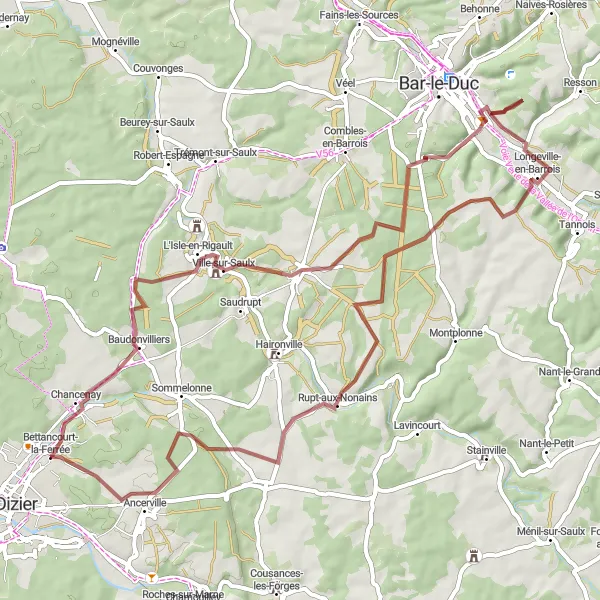 Map miniature of "A Challenging Gravel Loop: Stunning Landscapes of Chancenay, Brillon-en-Barrois, and Bettancourt-la-Ferrée" cycling inspiration in Champagne-Ardenne, France. Generated by Tarmacs.app cycling route planner