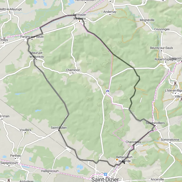 Map miniature of "Picturesque Road Cycling Route through Champagne-Ardenne" cycling inspiration in Champagne-Ardenne, France. Generated by Tarmacs.app cycling route planner