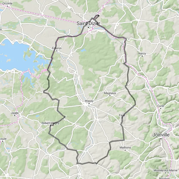Miniature de la carte de l'inspiration cycliste "Tour panoramique vers Voillecomte" dans la Champagne-Ardenne, France. Générée par le planificateur d'itinéraire cycliste Tarmacs.app