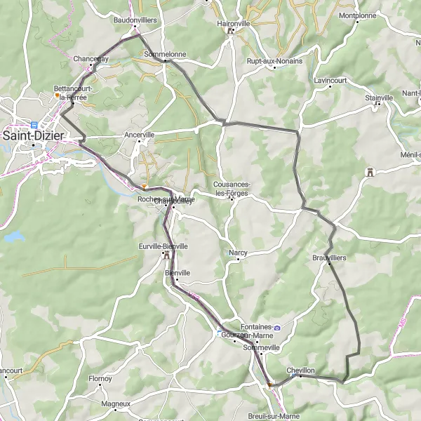 Map miniature of "Road Adventure: From Baudonvilliers to Chamouilley - Exploring the Wonders of Champagne-Ardenne" cycling inspiration in Champagne-Ardenne, France. Generated by Tarmacs.app cycling route planner