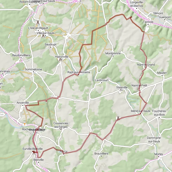 Miniature de la carte de l'inspiration cycliste "Escapade à travers la Meuse" dans la Champagne-Ardenne, France. Générée par le planificateur d'itinéraire cycliste Tarmacs.app