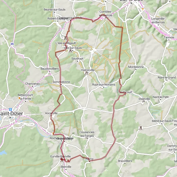 Map miniature of "Gravel Delights near Bienville" cycling inspiration in Champagne-Ardenne, France. Generated by Tarmacs.app cycling route planner