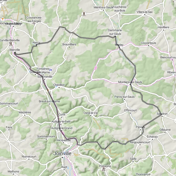 Miniature de la carte de l'inspiration cycliste "Tour de la Meuse" dans la Champagne-Ardenne, France. Générée par le planificateur d'itinéraire cycliste Tarmacs.app