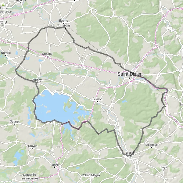 Miniature de la carte de l'inspiration cycliste "Route des Châteaux" dans la Champagne-Ardenne, France. Générée par le planificateur d'itinéraire cycliste Tarmacs.app