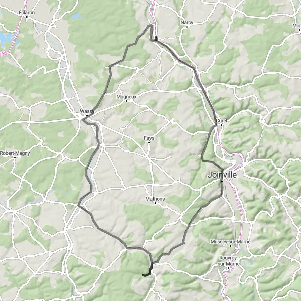 Map miniature of "The Charmes-la-Grande Adventure" cycling inspiration in Champagne-Ardenne, France. Generated by Tarmacs.app cycling route planner