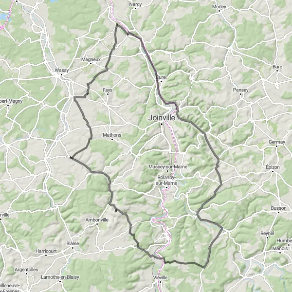 Miniature de la carte de l'inspiration cycliste "Les Collines de Champagne" dans la Champagne-Ardenne, France. Générée par le planificateur d'itinéraire cycliste Tarmacs.app