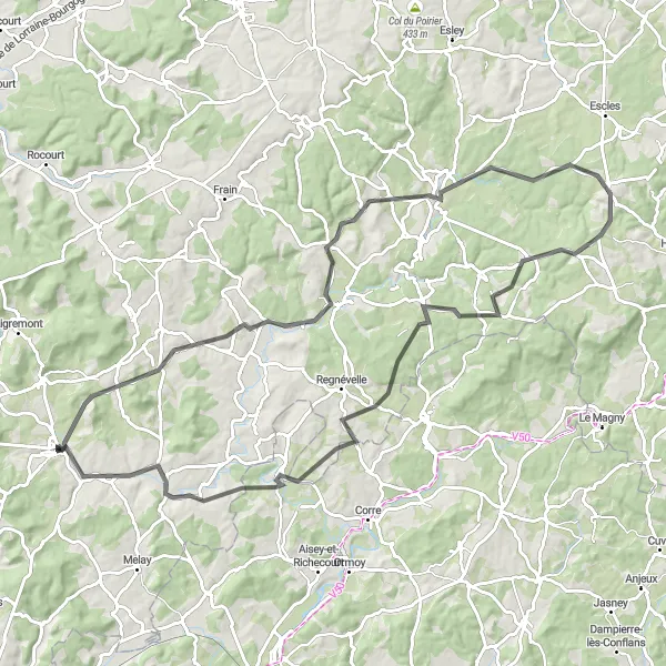 Map miniature of "Ainvelle and Claudon Circuit" cycling inspiration in Champagne-Ardenne, France. Generated by Tarmacs.app cycling route planner