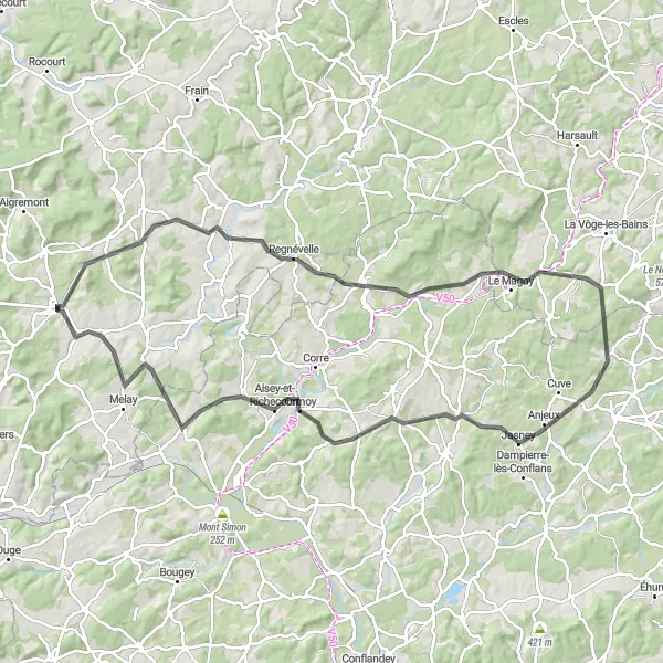 Miniature de la carte de l'inspiration cycliste "Bourbonne-les-Bains - Circuit des Charmes" dans la Champagne-Ardenne, France. Générée par le planificateur d'itinéraire cycliste Tarmacs.app