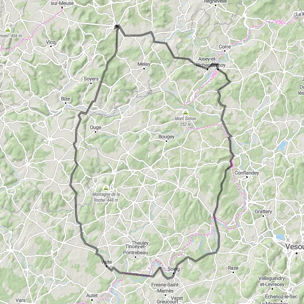 Map miniature of "Bourbonne-sur-Apance Loop" cycling inspiration in Champagne-Ardenne, France. Generated by Tarmacs.app cycling route planner