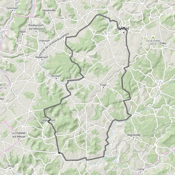 Map miniature of "Vittel and Bourbonne-les-Bains Circuit" cycling inspiration in Champagne-Ardenne, France. Generated by Tarmacs.app cycling route planner
