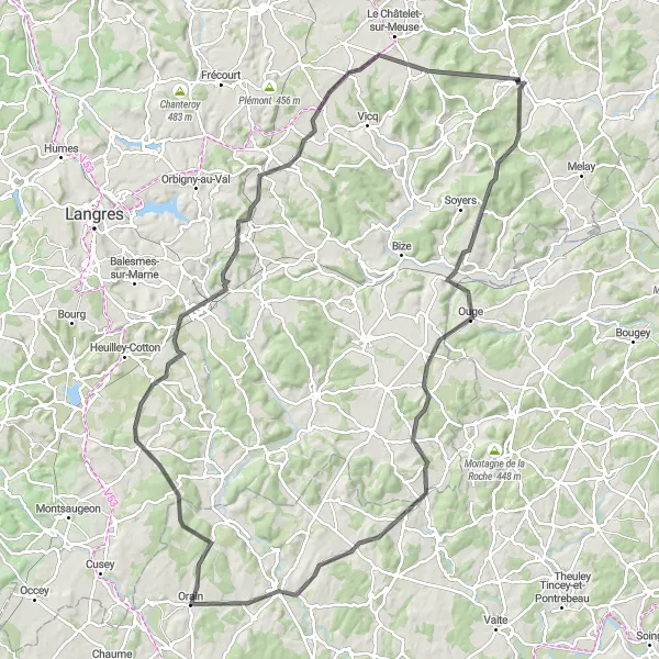 Miniature de la carte de l'inspiration cycliste "Bourbonne-les-Bains - Circuit des Vallées" dans la Champagne-Ardenne, France. Générée par le planificateur d'itinéraire cycliste Tarmacs.app