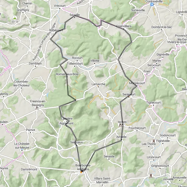 Map miniature of "Serqueux to Bourbonne-les-Bains" cycling inspiration in Champagne-Ardenne, France. Generated by Tarmacs.app cycling route planner
