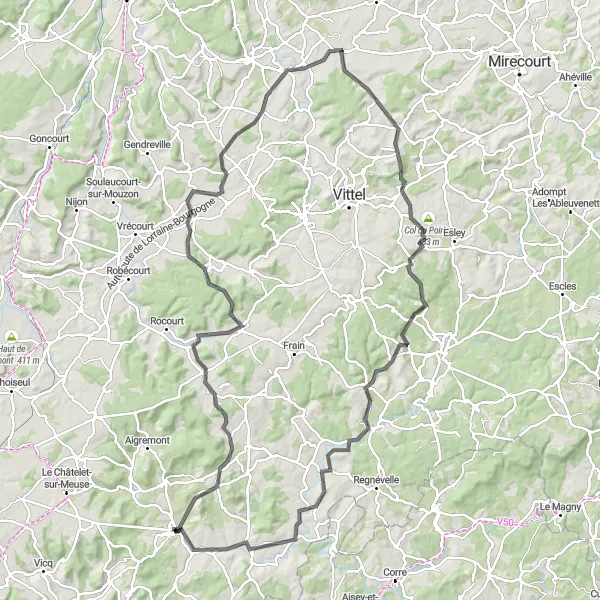 Map miniature of "Mont-lès-Lamarche to Bourbonne-les-Bains" cycling inspiration in Champagne-Ardenne, France. Generated by Tarmacs.app cycling route planner