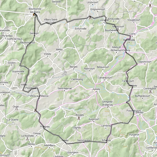 Miniature de la carte de l'inspiration cycliste "Bourbonne-les-Bains - Boucle des Coteaux" dans la Champagne-Ardenne, France. Générée par le planificateur d'itinéraire cycliste Tarmacs.app