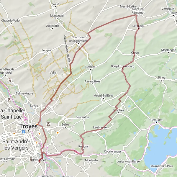 Map miniature of "Off the Beaten Path Gravel Adventure" cycling inspiration in Champagne-Ardenne, France. Generated by Tarmacs.app cycling route planner