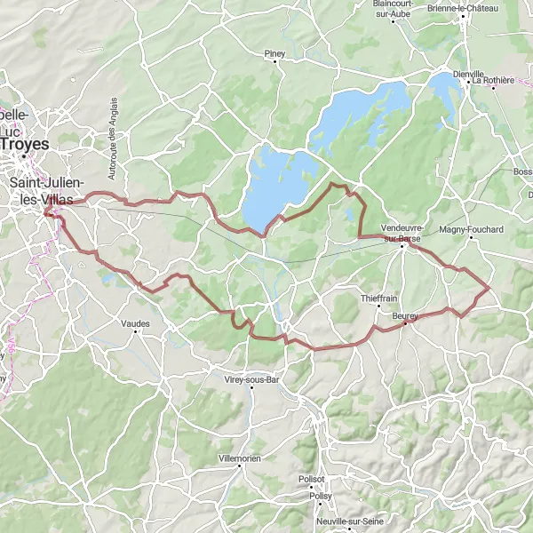 Map miniature of "Bréviandes Gravel Adventure" cycling inspiration in Champagne-Ardenne, France. Generated by Tarmacs.app cycling route planner