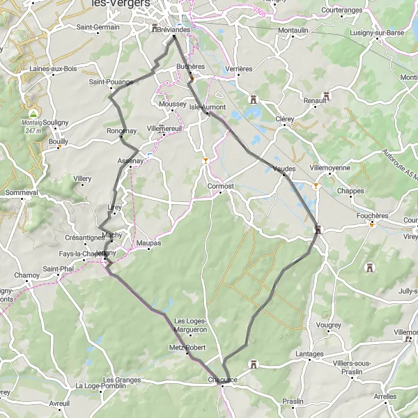 Miniature de la carte de l'inspiration cycliste "Escapade champenoise" dans la Champagne-Ardenne, France. Générée par le planificateur d'itinéraire cycliste Tarmacs.app