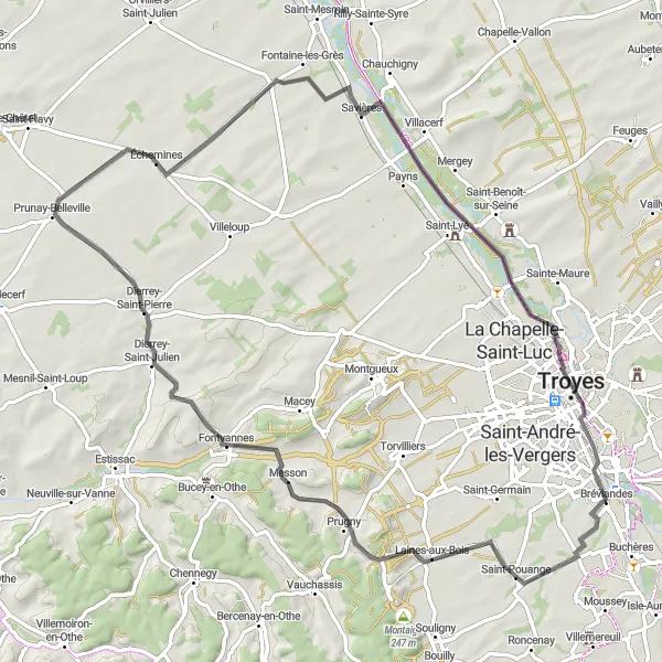 Map miniature of "Around Troyes and Fontvannes" cycling inspiration in Champagne-Ardenne, France. Generated by Tarmacs.app cycling route planner