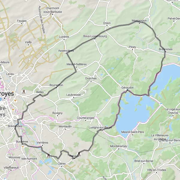 Map miniature of "Scenic Countryside and Historic Landmarks" cycling inspiration in Champagne-Ardenne, France. Generated by Tarmacs.app cycling route planner