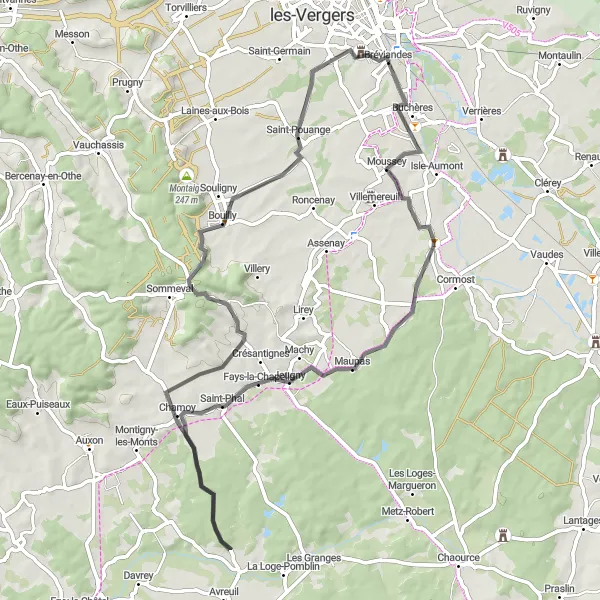 Map miniature of "Picturesque Villages and Scenic Landscapes" cycling inspiration in Champagne-Ardenne, France. Generated by Tarmacs.app cycling route planner