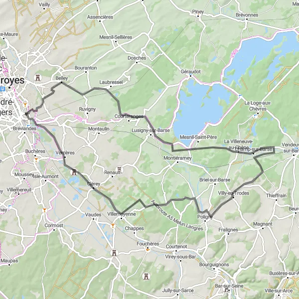 Map miniature of "Thennelières Loop" cycling inspiration in Champagne-Ardenne, France. Generated by Tarmacs.app cycling route planner