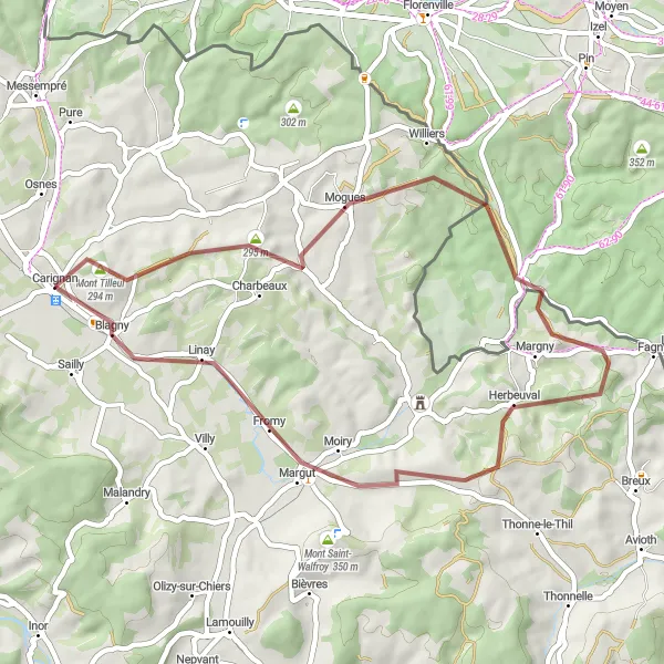 Map miniature of "Gravel Cycling Route through Mont Tilleul and Herbeuval" cycling inspiration in Champagne-Ardenne, France. Generated by Tarmacs.app cycling route planner