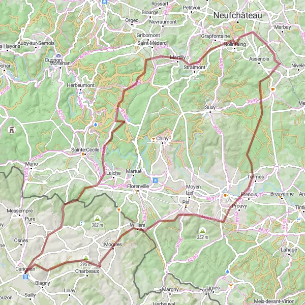 Miniature de la carte de l'inspiration cycliste "Les trésors cachés des Ardoisières" dans la Champagne-Ardenne, France. Générée par le planificateur d'itinéraire cycliste Tarmacs.app