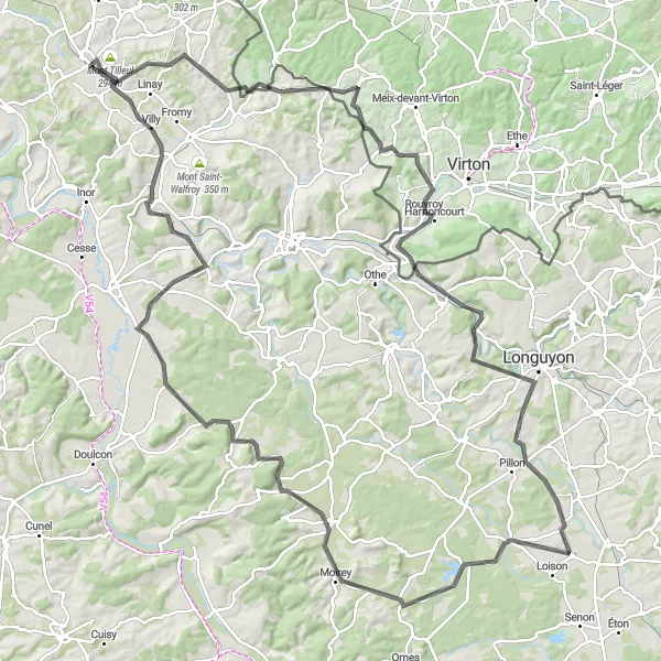 Miniature de la carte de l'inspiration cycliste "Route autour de Carignan" dans la Champagne-Ardenne, France. Générée par le planificateur d'itinéraire cycliste Tarmacs.app