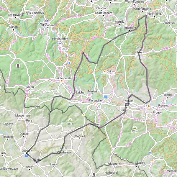 Miniature de la carte de l'inspiration cycliste "Boucle des Charmes Ardennais" dans la Champagne-Ardenne, France. Générée par le planificateur d'itinéraire cycliste Tarmacs.app