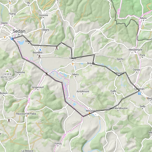 Miniature de la carte de l'inspiration cycliste "Exploration des Ardennes" dans la Champagne-Ardenne, France. Générée par le planificateur d'itinéraire cycliste Tarmacs.app