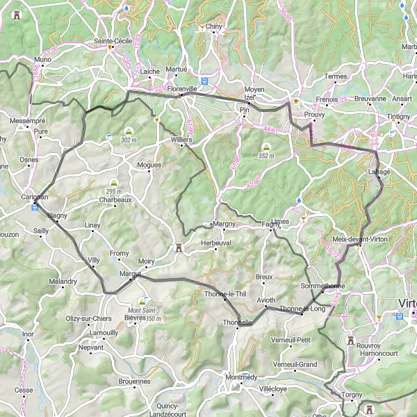 Map miniature of "Scenic Road Cycling Route from Carignan to Florenville" cycling inspiration in Champagne-Ardenne, France. Generated by Tarmacs.app cycling route planner