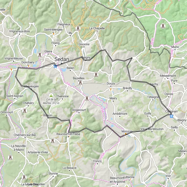 Miniature de la carte de l'inspiration cycliste "Route de la Vallée de la Meuse" dans la Champagne-Ardenne, France. Générée par le planificateur d'itinéraire cycliste Tarmacs.app