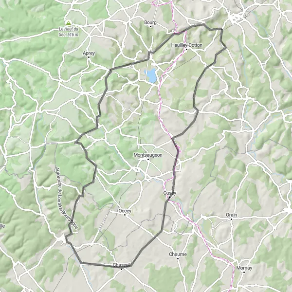 Miniature de la carte de l'inspiration cycliste "Boucle champêtre de Chalindrey" dans la Champagne-Ardenne, France. Générée par le planificateur d'itinéraire cycliste Tarmacs.app