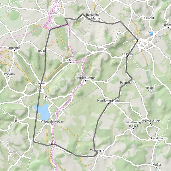 Map miniature of "Chassigny Loop" cycling inspiration in Champagne-Ardenne, France. Generated by Tarmacs.app cycling route planner