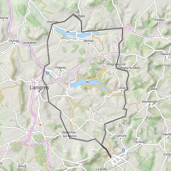 Map miniature of "Around Langres" cycling inspiration in Champagne-Ardenne, France. Generated by Tarmacs.app cycling route planner