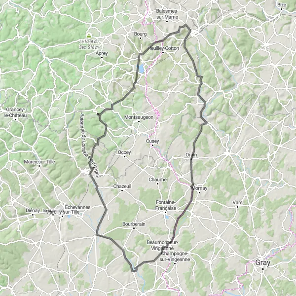 Miniature de la carte de l'inspiration cycliste "Vallée de la Bèze Circuit" dans la Champagne-Ardenne, France. Générée par le planificateur d'itinéraire cycliste Tarmacs.app