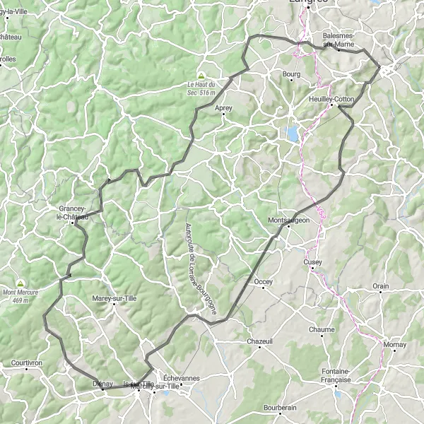 Map miniature of "Selongey Adventure" cycling inspiration in Champagne-Ardenne, France. Generated by Tarmacs.app cycling route planner