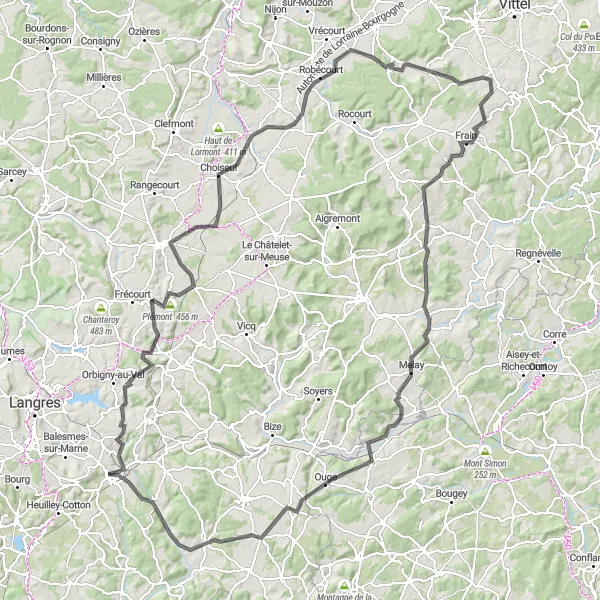 Miniature de la carte de l'inspiration cycliste "Boucle autour de Chalindrey" dans la Champagne-Ardenne, France. Générée par le planificateur d'itinéraire cycliste Tarmacs.app