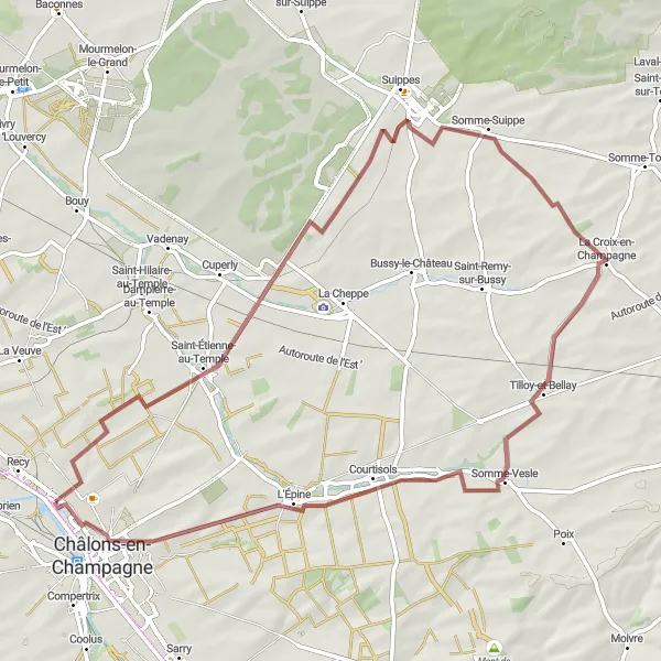 Map miniature of "Châlons-en-Champagne - Saint-Étienne-au-Temple Loop" cycling inspiration in Champagne-Ardenne, France. Generated by Tarmacs.app cycling route planner