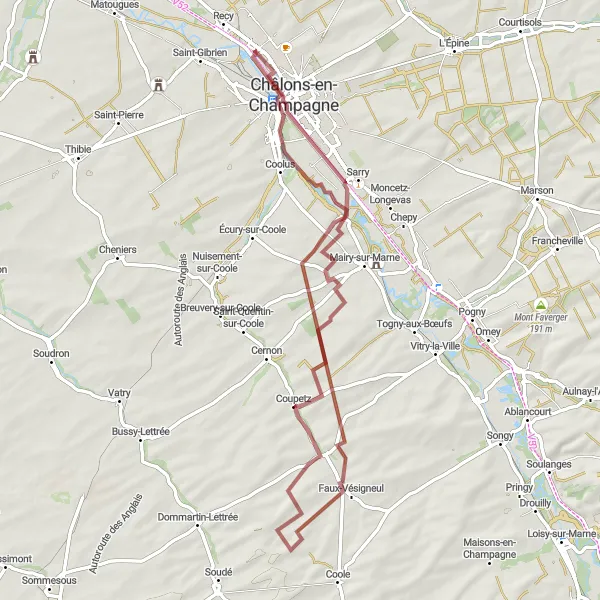 Map miniature of "Châlons-en-Champagne Gravel Adventure" cycling inspiration in Champagne-Ardenne, France. Generated by Tarmacs.app cycling route planner