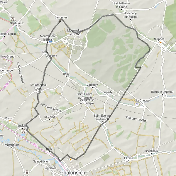 Miniature de la carte de l'inspiration cycliste "Circuit pittoresque à travers les villages de la Marne" dans la Champagne-Ardenne, France. Générée par le planificateur d'itinéraire cycliste Tarmacs.app