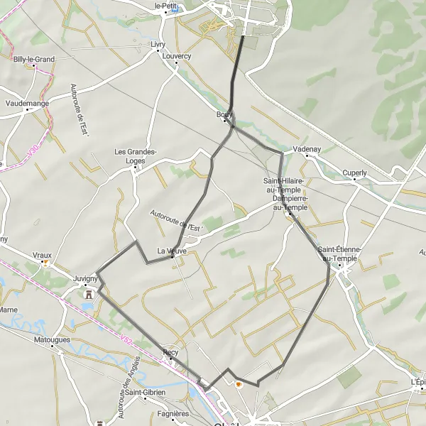 Map miniature of "Châlons-en-Champagne - Recy Loop" cycling inspiration in Champagne-Ardenne, France. Generated by Tarmacs.app cycling route planner