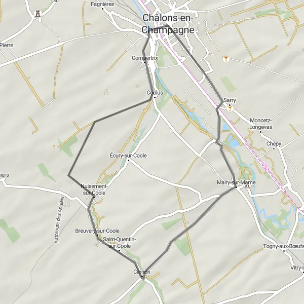 Miniature de la carte de l'inspiration cycliste "Boucle pittoresque de Mairy-sur-Marne" dans la Champagne-Ardenne, France. Générée par le planificateur d'itinéraire cycliste Tarmacs.app
