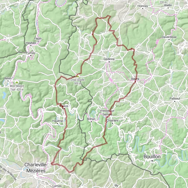 Miniature de la carte de l'inspiration cycliste "Les Collines Ardennaises en Gravier" dans la Champagne-Ardenne, France. Générée par le planificateur d'itinéraire cycliste Tarmacs.app
