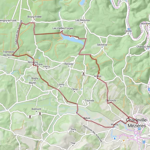 Map miniature of "Gravel Cycling with Historic Highlights and Cultural Gems" cycling inspiration in Champagne-Ardenne, France. Generated by Tarmacs.app cycling route planner