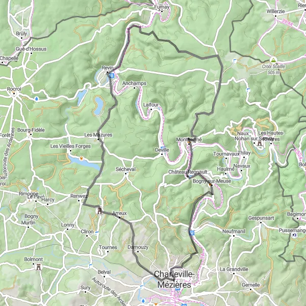 Miniature de la carte de l'inspiration cycliste "Boucle de Monthermé" dans la Champagne-Ardenne, France. Générée par le planificateur d'itinéraire cycliste Tarmacs.app