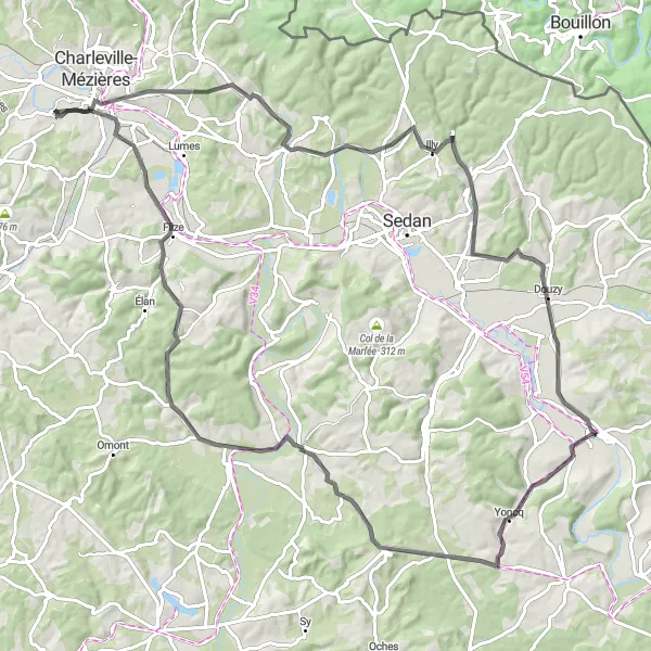 Map miniature of "Scenic Road Cycling with Captivating Landscapes and Historic Villages" cycling inspiration in Champagne-Ardenne, France. Generated by Tarmacs.app cycling route planner