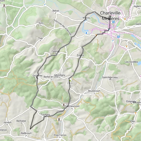 Miniature de la carte de l'inspiration cycliste "Boucle de Guignicourt-sur-Vence" dans la Champagne-Ardenne, France. Générée par le planificateur d'itinéraire cycliste Tarmacs.app